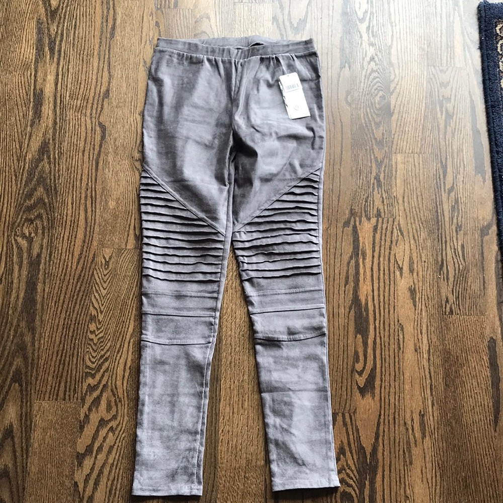 Faux suede gray Moto leggings, size 8 to 10 ?